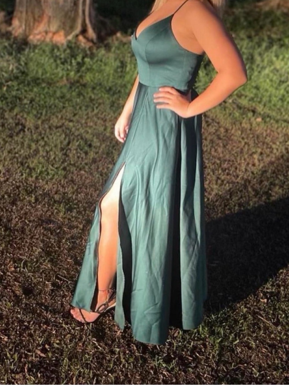 Windsor Deep Green Satin Strapless V-Neck Gown
